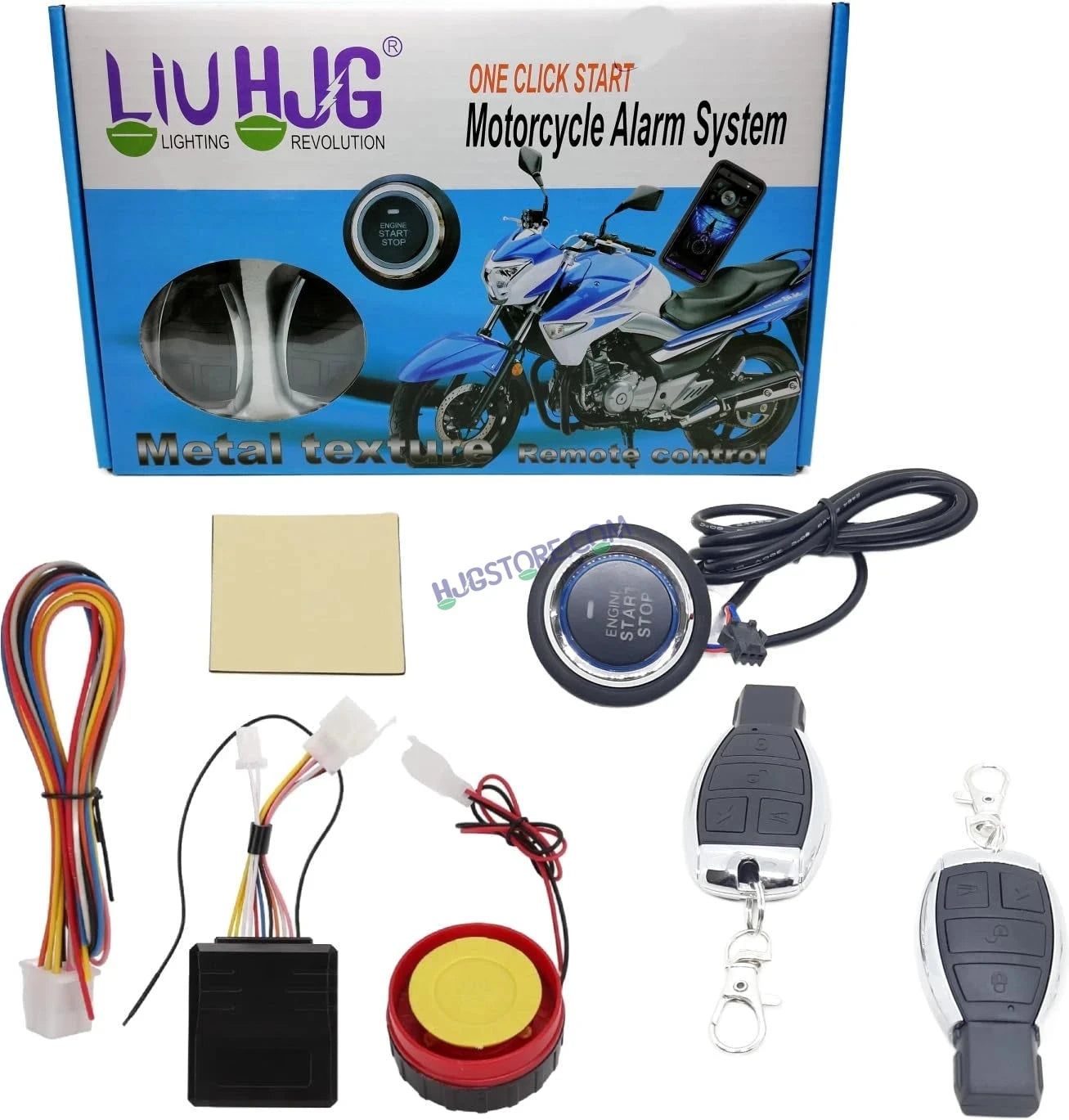 HJG Push Button Alarm System Kit Keyless Start One-Way Bike Alarm Kit for Two Wheeler Security HJG Anti-Theft Alarm System Kit (Loud Siren, Flashing Light 125 dB) LIU HJG Push Button Alarm System Kit